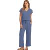 imageSaloogoe Two Piece Sets for Women Summer Outfits Lounge Sets V Neck Tops Wide Leg Pants Woman Vacation Travel OutfitsBlue