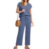 imageSaloogoe Two Piece Sets for Women Summer Outfits Lounge Sets V Neck Tops Wide Leg Pants Woman Vacation Travel OutfitsBlue