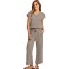 imageSaloogoe Two Piece Sets for Women Summer Outfits Lounge Sets V Neck Tops Wide Leg Pants Woman Vacation Travel OutfitsCoffee
