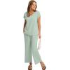 imageSaloogoe Two Piece Sets for Women Summer Outfits Lounge Sets V Neck Tops Wide Leg Pants Woman Vacation Travel OutfitsCream Green