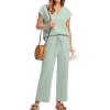 imageSaloogoe Two Piece Sets for Women Summer Outfits Lounge Sets V Neck Tops Wide Leg Pants Woman Vacation Travel OutfitsCream Green