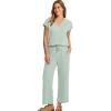 imageSaloogoe Two Piece Sets for Women Summer Outfits Lounge Sets V Neck Tops Wide Leg Pants Woman Vacation Travel OutfitsCream Green