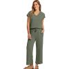 imageSaloogoe Two Piece Sets for Women Summer Outfits Lounge Sets V Neck Tops Wide Leg Pants Woman Vacation Travel OutfitsGreen
