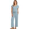 imageSaloogoe Two Piece Sets for Women Summer Outfits Lounge Sets V Neck Tops Wide Leg Pants Woman Vacation Travel OutfitsLake Blue