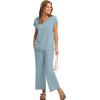 imageSaloogoe Two Piece Sets for Women Summer Outfits Lounge Sets V Neck Tops Wide Leg Pants Woman Vacation Travel OutfitsLake Blue
