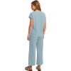 imageSaloogoe Two Piece Sets for Women Summer Outfits Lounge Sets V Neck Tops Wide Leg Pants Woman Vacation Travel OutfitsLake Blue