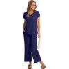 imageSaloogoe Two Piece Sets for Women Summer Outfits Lounge Sets V Neck Tops Wide Leg Pants Woman Vacation Travel OutfitsNavy Blue