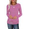 imageSaloogoe Womens Long Sleeve Shirts Dressy Casual Tops Crewneck Pleated Buttom ShirtStriped Pink and White