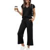 imageSaloogoe Two Piece Sets for Women Summer Outfits Lounge Sets V Neck Tops Wide Leg Pants Woman Vacation Travel OutfitsBlack