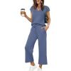 imageSaloogoe Two Piece Sets for Women Summer Outfits Lounge Sets V Neck Tops Wide Leg Pants Woman Vacation Travel OutfitsBlue