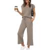 imageSaloogoe Two Piece Sets for Women Summer Outfits Lounge Sets V Neck Tops Wide Leg Pants Woman Vacation Travel OutfitsCoffee