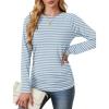 imageSaloogoe Womens Long Sleeve Shirts Dressy Casual Tops Crewneck Pleated Buttom ShirtStriped Blue and White