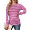 imageSaloogoe Womens Long Sleeve Shirts Dressy Casual Tops Crewneck Pleated Buttom ShirtStriped Pink and White