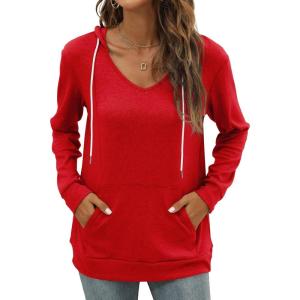 imageSaloogoe Kangaroo Pocket Hoodies for Womens V Neck Lightweight Sweatshirts Long Sleeve TopsRed