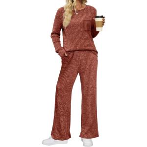 imageSaloogoe Lounge Sets for Women Two Piece Outfits Cozy Pajamas Set Fall Fashion 2024Burnt Orange
