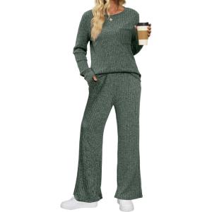 imageSaloogoe Lounge Sets for Women Two Piece Outfits Cozy Pajamas Set Fall Fashion 2024Green