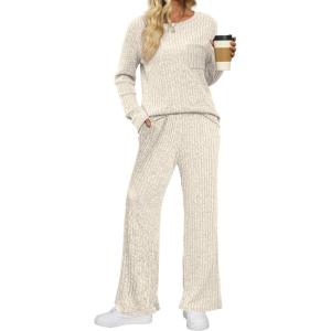 imageSaloogoe Lounge Sets for Women Two Piece Outfits Cozy Pajamas Set Fall Fashion 2024Offwhite