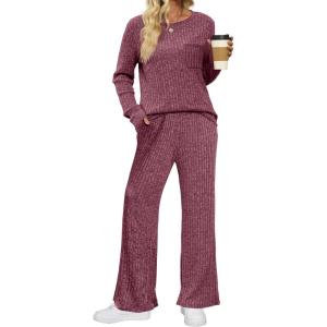 imageSaloogoe Lounge Sets for Women Two Piece Outfits Cozy Pajamas Set Fall Fashion 2024Rose Red