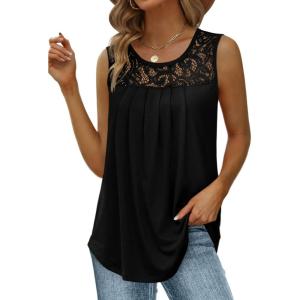 imageSaloogoe Summer Tank Tops for Women Loose Fit Pleated Tunics Scoop Neck Sleeveless Lace Tops Curved Hem FlowyAll Black