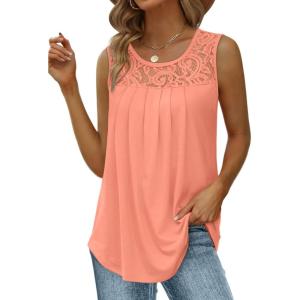 imageSaloogoe Summer Tank Tops for Women Loose Fit Pleated Tunics Scoop Neck Sleeveless Lace Tops Curved Hem FlowyAll Coral