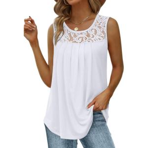 imageSaloogoe Summer Tank Tops for Women Loose Fit Pleated Tunics Scoop Neck Sleeveless Lace Tops Curved Hem FlowyAll White