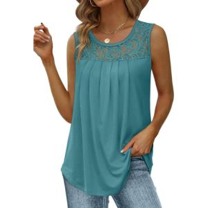imageSaloogoe Summer Tank Tops for Women Loose Fit Pleated Tunics Scoop Neck Sleeveless Lace Tops Curved Hem FlowyCadetblue
