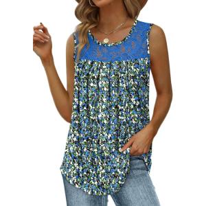 imageSaloogoe Summer Tank Tops for Women Loose Fit Pleated Tunics Scoop Neck Sleeveless Lace Tops Curved Hem FlowyFloral Blue