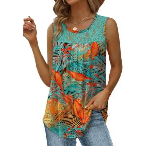 imageSaloogoe Summer Tank Tops for Women Loose Fit Pleated Tunics Scoop Neck Sleeveless Lace Tops Curved Hem FlowyFloral Coconut Tree