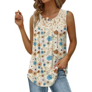 imageSaloogoe Summer Tank Tops for Women Loose Fit Pleated Tunics Scoop Neck Sleeveless Lace Tops Curved Hem FlowyFloral Khaki