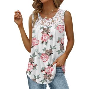 imageSaloogoe Summer Tank Tops for Women Loose Fit Pleated Tunics Scoop Neck Sleeveless Lace Tops Curved Hem FlowyFloral White