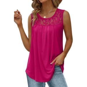 imageSaloogoe Summer Tank Tops for Women Loose Fit Pleated Tunics Scoop Neck Sleeveless Lace Tops Curved Hem FlowyHot Pink