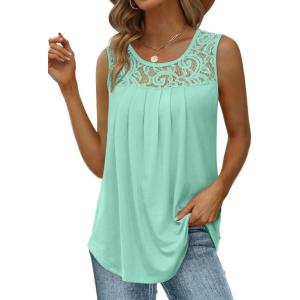 imageSaloogoe Summer Tank Tops for Women Loose Fit Pleated Tunics Scoop Neck Sleeveless Lace Tops Curved Hem FlowyLake Green