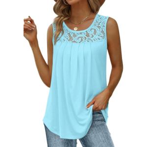 imageSaloogoe Summer Tank Tops for Women Loose Fit Pleated Tunics Scoop Neck Sleeveless Lace Tops Curved Hem FlowyMint Blue