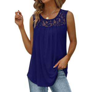 imageSaloogoe Summer Tank Tops for Women Loose Fit Pleated Tunics Scoop Neck Sleeveless Lace Tops Curved Hem FlowyNavy