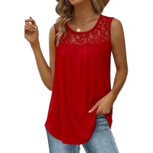 imageSaloogoe Summer Tank Tops for Women Loose Fit Pleated Tunics Scoop Neck Sleeveless Lace Tops Curved Hem FlowyRed