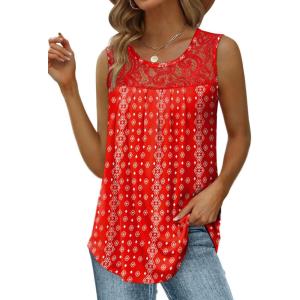 imageSaloogoe Summer Tank Tops for Women Loose Fit Pleated Tunics Scoop Neck Sleeveless Lace Tops Curved Hem FlowyRed Floral