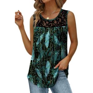 imageSaloogoe Summer Tank Tops for Women Loose Fit Pleated Tunics Scoop Neck Sleeveless Lace Tops Curved Hem FlowySpecial Firefly Forest