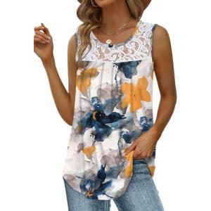imageSaloogoe Summer Tank Tops for Women Loose Fit Pleated Tunics Scoop Neck Sleeveless Lace Tops Curved Hem FlowySpecial Ink Wash Flower
