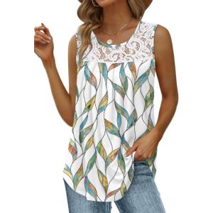 imageSaloogoe Summer Tank Tops for Women Loose Fit Pleated Tunics Scoop Neck Sleeveless Lace Tops Curved Hem FlowySpecial Leaf Print