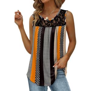 imageSaloogoe Summer Tank Tops for Women Loose Fit Pleated Tunics Scoop Neck Sleeveless Lace Tops Curved Hem FlowyStripe and Polka Dot