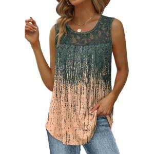 imageSaloogoe Summer Tank Tops for Women Loose Fit Pleated Tunics Scoop Neck Sleeveless Lace Tops Curved Hem FlowyVolcanic Printed
