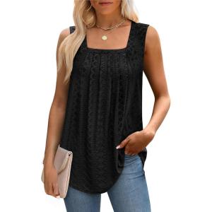 imageSaloogoe Tank Top for Women Loose Fit Eyelet Summer Tops Flowy Sleeveless Blouses Pleated Square Neck Curved Hem FashionAll Black