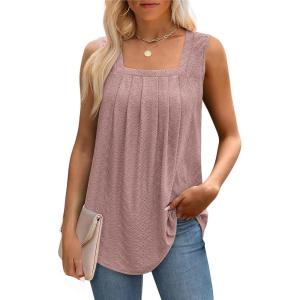 imageSaloogoe Tank Top for Women Loose Fit Eyelet Summer Tops Flowy Sleeveless Blouses Pleated Square Neck Curved Hem FashionDusty Pink