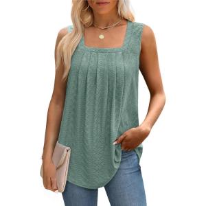 imageSaloogoe Tank Top for Women Loose Fit Eyelet Summer Tops Flowy Sleeveless Blouses Pleated Square Neck Curved Hem FashionGrayish Green
