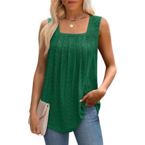 imageSaloogoe Tank Top for Women Loose Fit Eyelet Summer Tops Flowy Sleeveless Blouses Pleated Square Neck Curved Hem FashionGreen