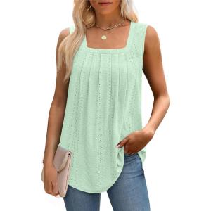 imageSaloogoe Tank Top for Women Loose Fit Eyelet Summer Tops Flowy Sleeveless Blouses Pleated Square Neck Curved Hem FashionLake Green