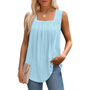 imageSaloogoe Tank Top for Women Loose Fit Eyelet Summer Tops Flowy Sleeveless Blouses Pleated Square Neck Curved Hem FashionLight Blue