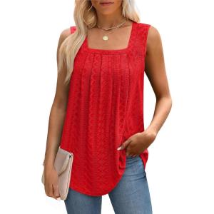 imageSaloogoe Tank Top for Women Loose Fit Eyelet Summer Tops Flowy Sleeveless Blouses Pleated Square Neck Curved Hem FashionRed