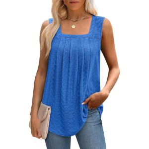 imageSaloogoe Tank Top for Women Loose Fit Eyelet Summer Tops Flowy Sleeveless Blouses Pleated Square Neck Curved Hem FashionRoyal Blue
