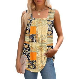 imageSaloogoe Tank Top for Women Loose Fit Eyelet Summer Tops Flowy Sleeveless Blouses Pleated Square Neck Curved Hem FashionUnique Block Floral